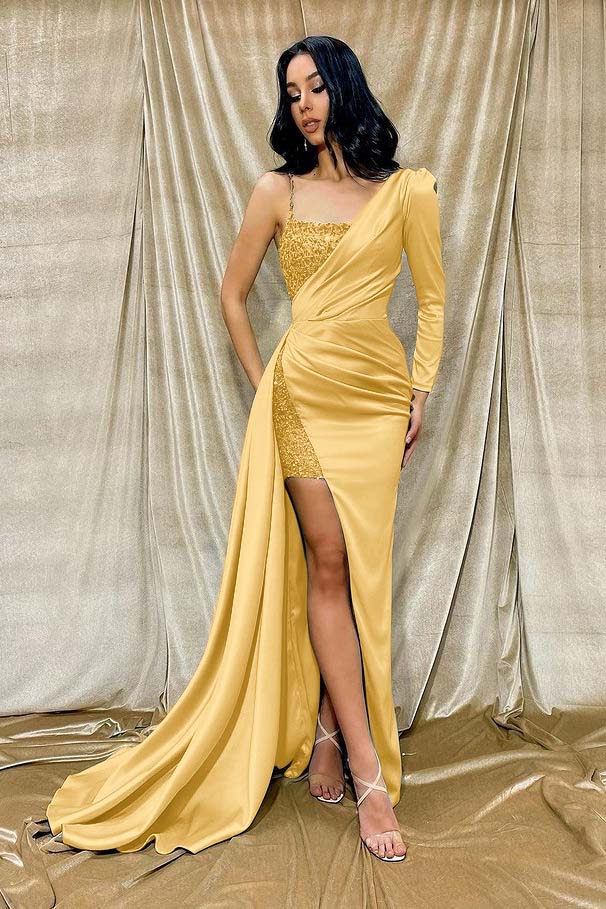 One Shoulder Long Sleeve Front Split Mermaid Prom Dress Light Green With Sequins BMBRIDE