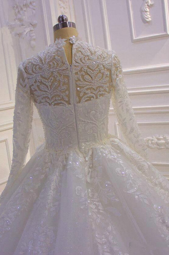 High Neck Long Sleeve Ball Gown Wedding Dress with Lace Ruffles BM bride