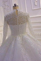 High Neck Long Sleeve Ball Gown Wedding Dress with Lace Ruffles BM bride