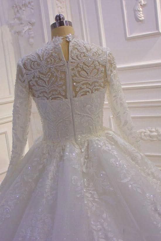 High Neck Long Sleeve Ball Gown Wedding Dress with Lace Ruffles BM bride