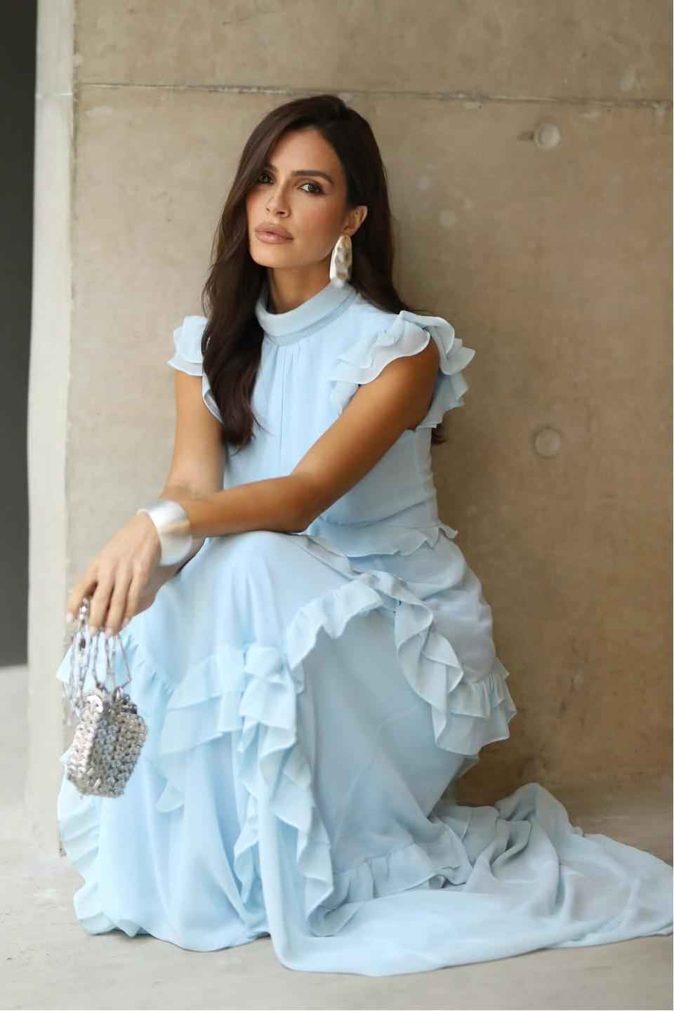 Chic Chiffon High Neck Sleeveless Long Prom Dress With Ruffles