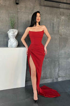 Mermaid Strapless Sleeveless Pleated Long Evening Dress With High Split