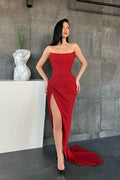 Mermaid Strapless Sleeveless Long Prom Dress With Split Pleated