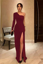 Stunning One Shoulder Black Long Sleeve Long Prom Dress With Front Split