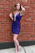 Sparkly Purple Beaded Backless Sequins Tight Short Homecoming Dress