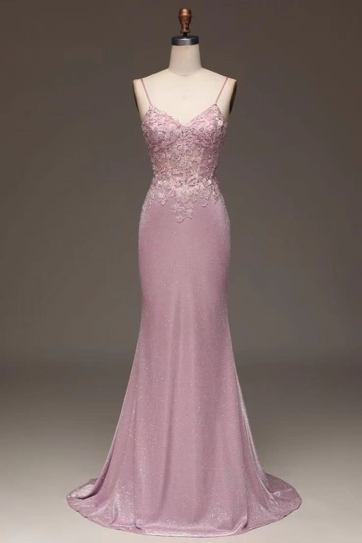Elegant Pink Spaghetti-Strap Shining Sleeveless Prom Dress BM bride