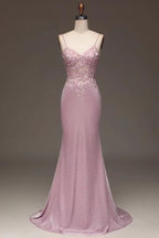 Elegant Pink Spaghetti-Strap Shining Sleeveless Prom Dress BM bride