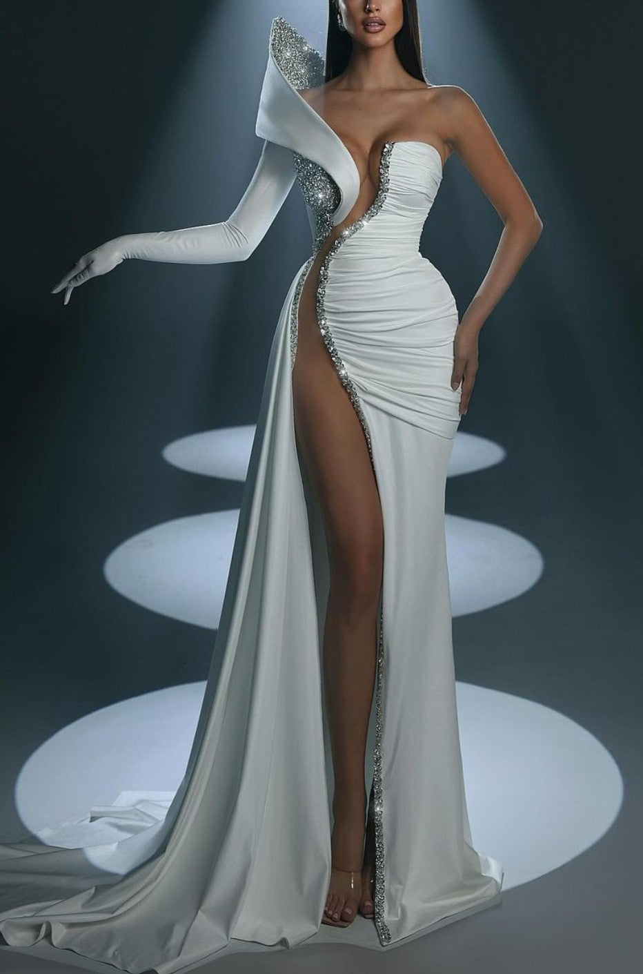 White One-Shoulder Prom Dress with Long Mermaid and High Slit BM bride