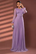 Chiffon Jewel Neck Long Sleeves Long Prom Dress With Pleated BMBRIDE
