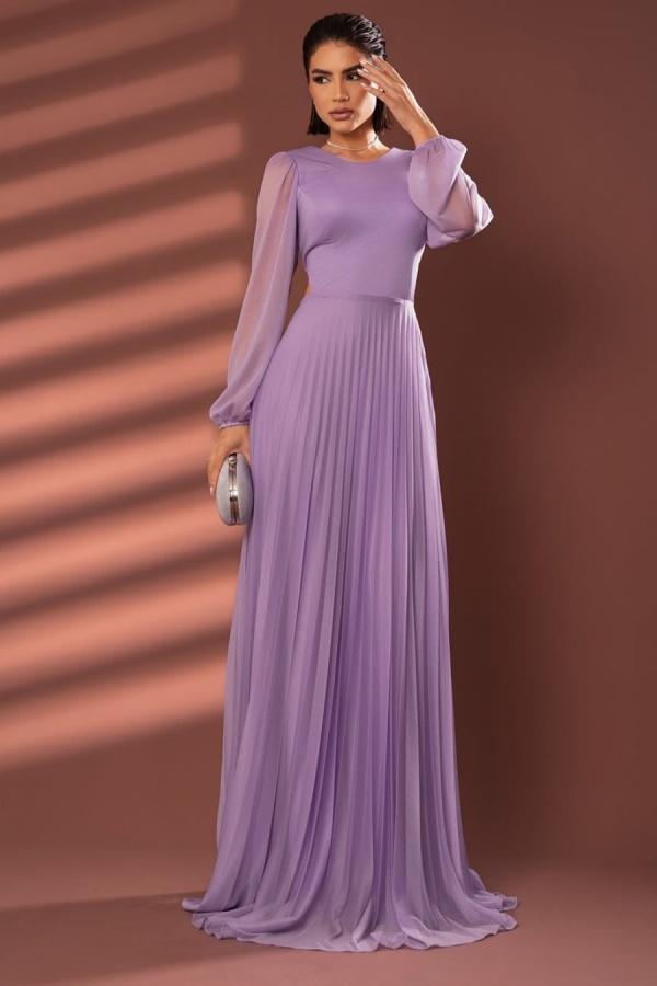 Chiffon Jewel Neck Long Sleeves Long Prom Dress With Pleated BMBRIDE