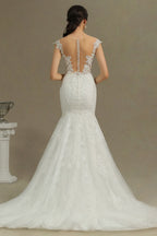 Mermaid Cap Sleeve Sheer Wedding Dress with Tulle Appliques BM bride