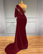 Dark Green One-Shoulder Beaded Mermaid Prom Dress with Appliques BM bride