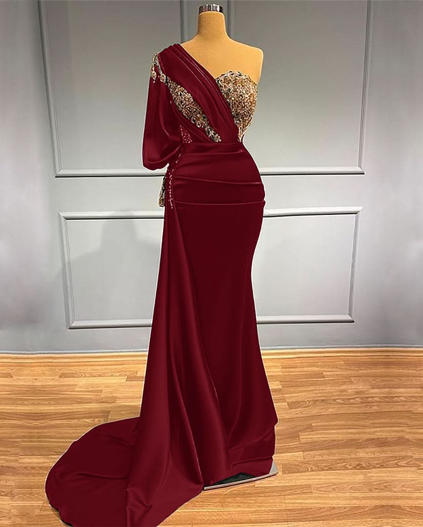 Dark Green One-Shoulder Beaded Mermaid Prom Dress with Appliques BM bride
