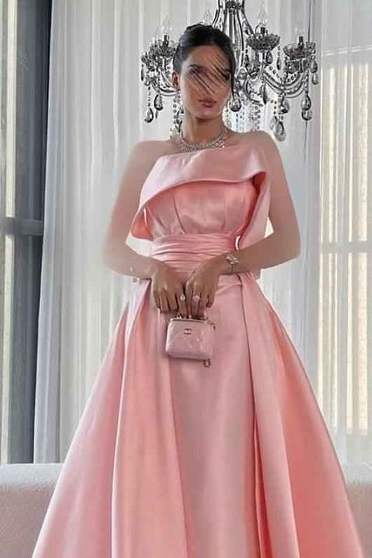 Pink Strapless Sleeveless A Line Long Prom Dress With Pleated