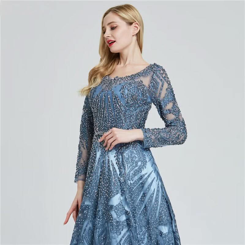 Elegant Ink Blue Long Sleeve Prom Dress, Sequin Applique A-Line BM bride