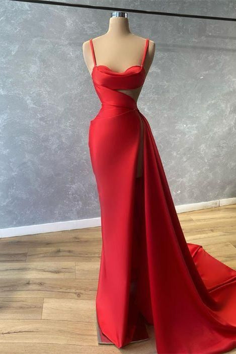 Red Spaghetti Strap Sweetheart Mermaid Prom Dress with Ruffles BM bride