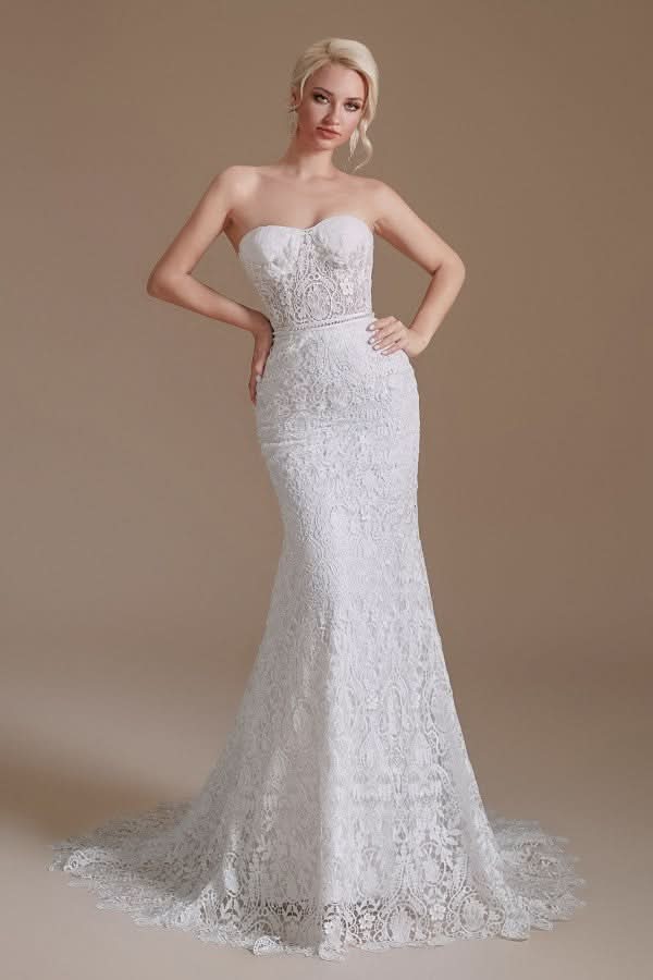 Long Mermaid Sweetheart Lace Wedding Dress with Detachable Sleeves BM bride