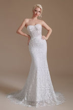 Long Mermaid Sweetheart Lace Wedding Dress with Detachable Sleeves BM bride