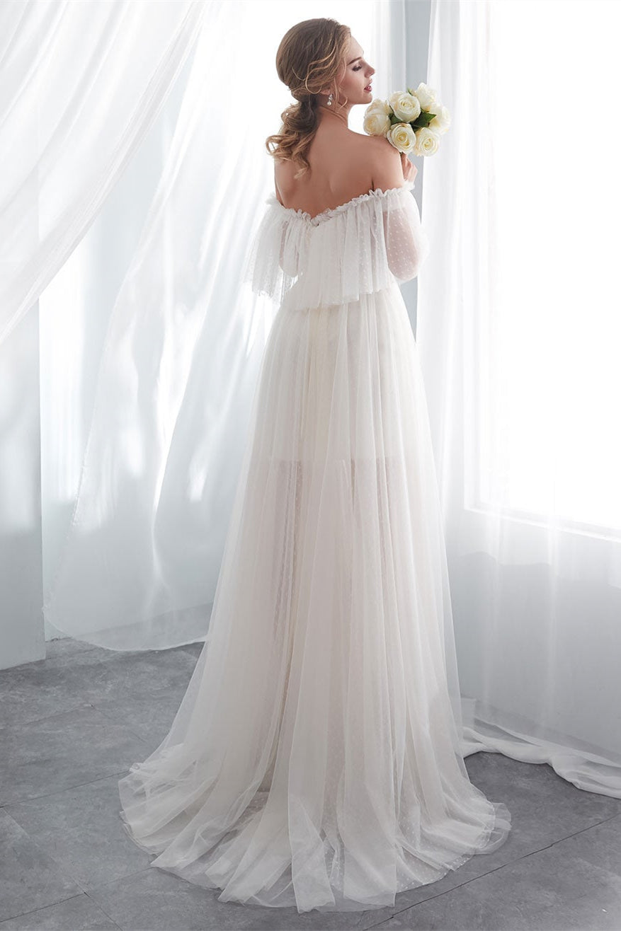 Off-the-Shoulder Tulle Beach Wedding Dress BM bride