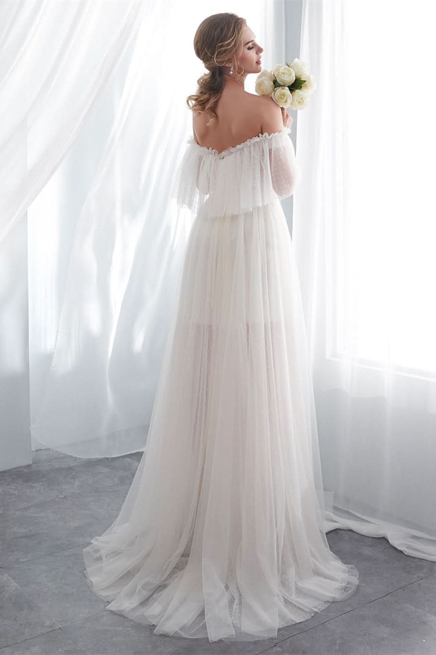 Off-the-Shoulder Tulle Beach Wedding Dress BM bride