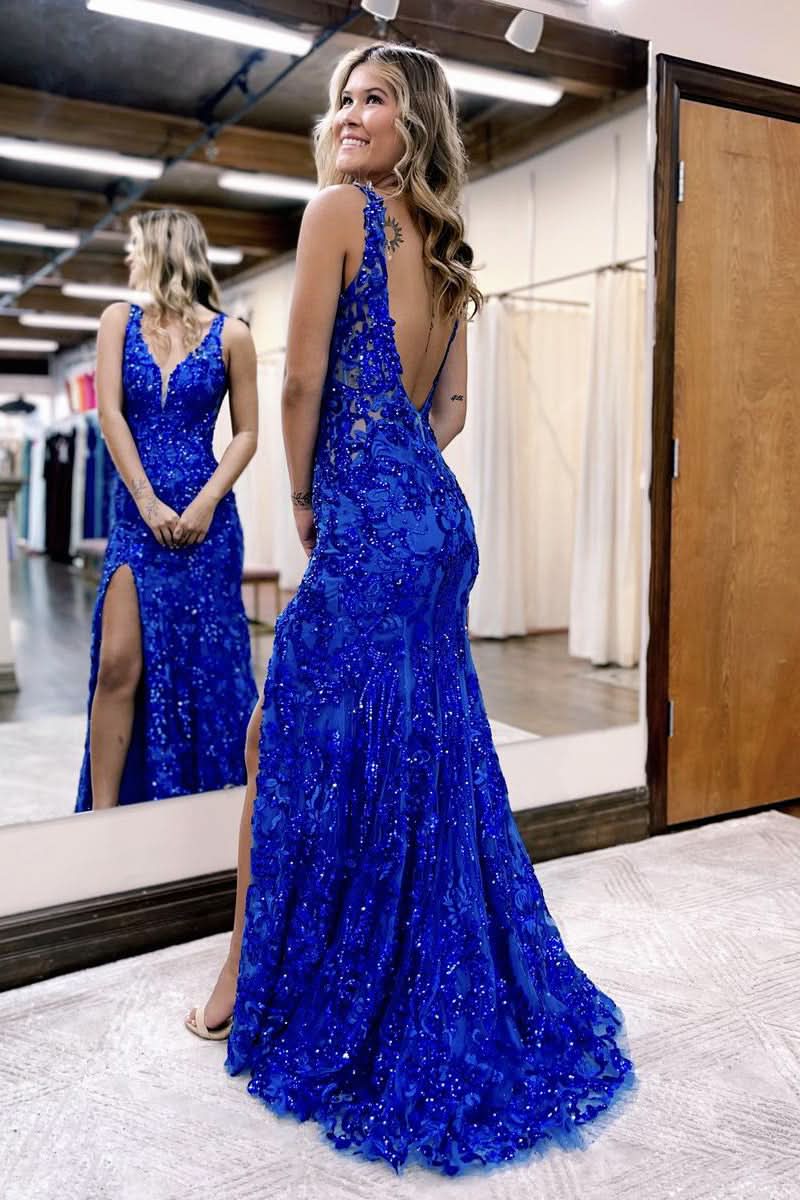 Daring Mermaid V Neck Sequined Lace Prom Dress with Slit BM bride
