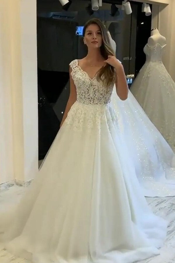 V-neck Wide Straps A-Line Wedding Dress With Pearl Tulle Appliques Lace BM bride