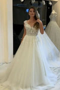 V-neck Wide Straps A-Line Wedding Dress With Pearl Tulle Appliques Lace BM bride