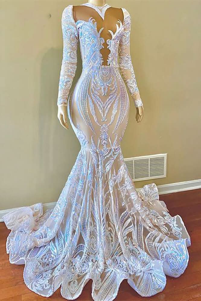 White Sequins Lace Mermaid Prom Dress with Long Sleeves BM bride