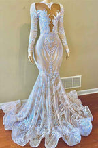 Sequins Lace White Mermaid Long Prom Dress Embroidery With Long Sleeves