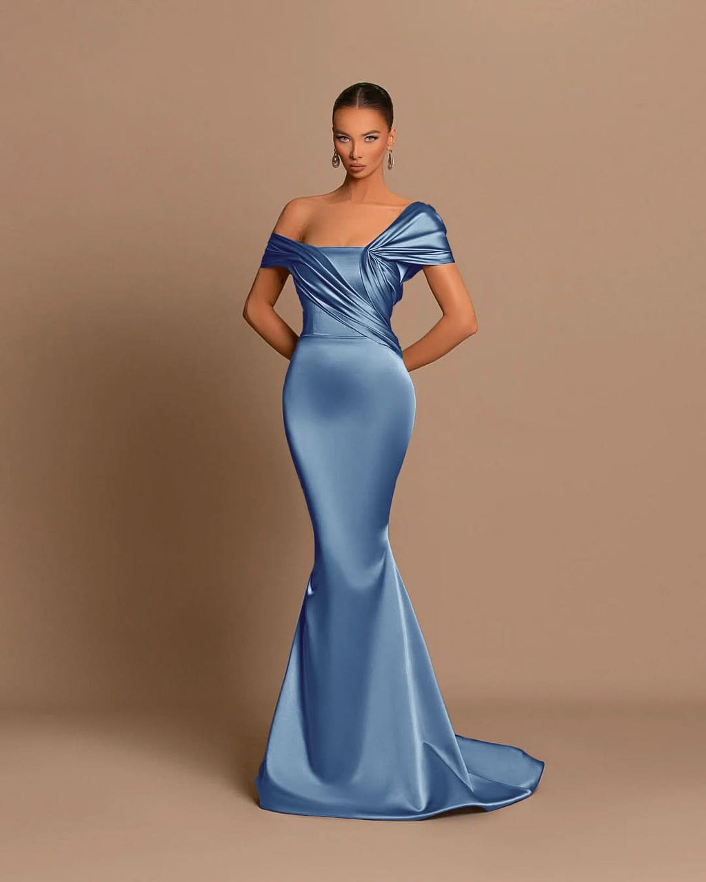 Grey Off-The-Shoulder Evening Dress Bateau Pleated Ball Gown BM bride