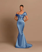 Grey Off-The-Shoulder Bateau Pleated Ball Gown Evening Dress BM bride