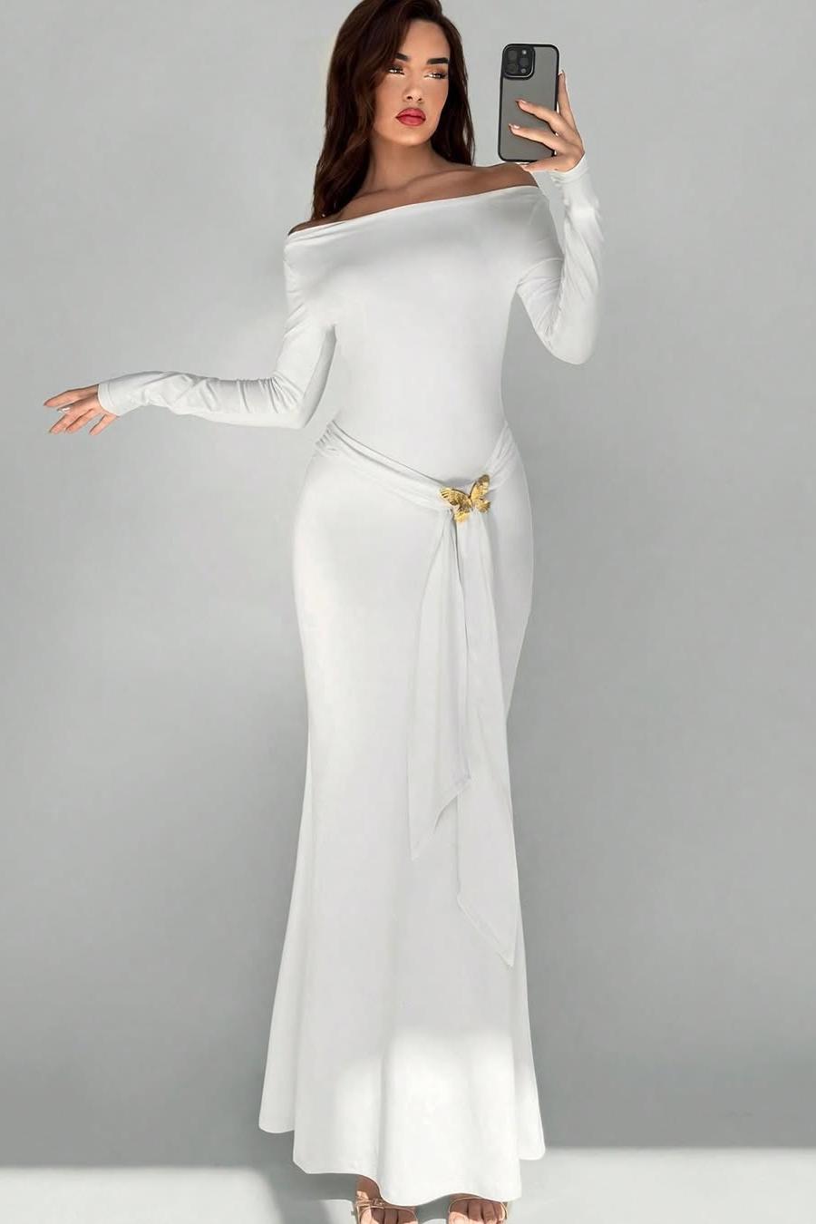 Off the Shoulder Long Sleeves Long Mermaid Prom Dress With Appliques BMBRIDE