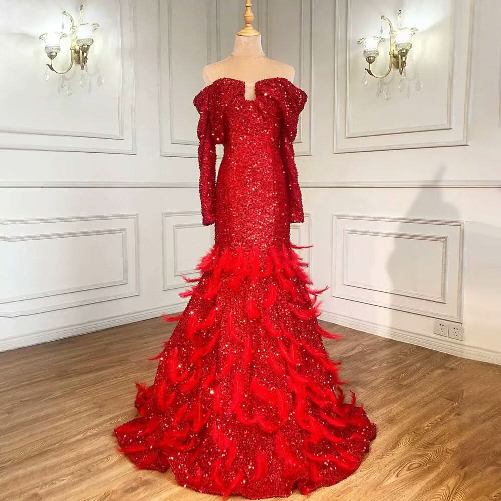 Fashion Red Sequin Prom Dress, Long Sleeves A-Line with Feather BM bride