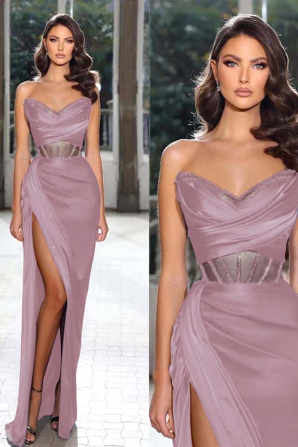 Strapless Sleeveless Long Mermaid Prom Dress With Split Pleated BMBRIDE