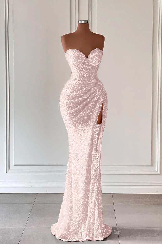 Red Sweetheart Sleeveless Long Mermaid Sequins Prom Dress With High Split BMBRIDE