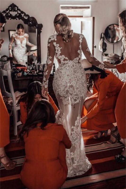 Long Sleeve Column Backless Mermaid Tulle Wedding Dress with Lace Appliques BM bride