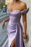 Stunning Lilac Off-the-Shoulder Evening Dress with Long Ruffle and Split BM bride