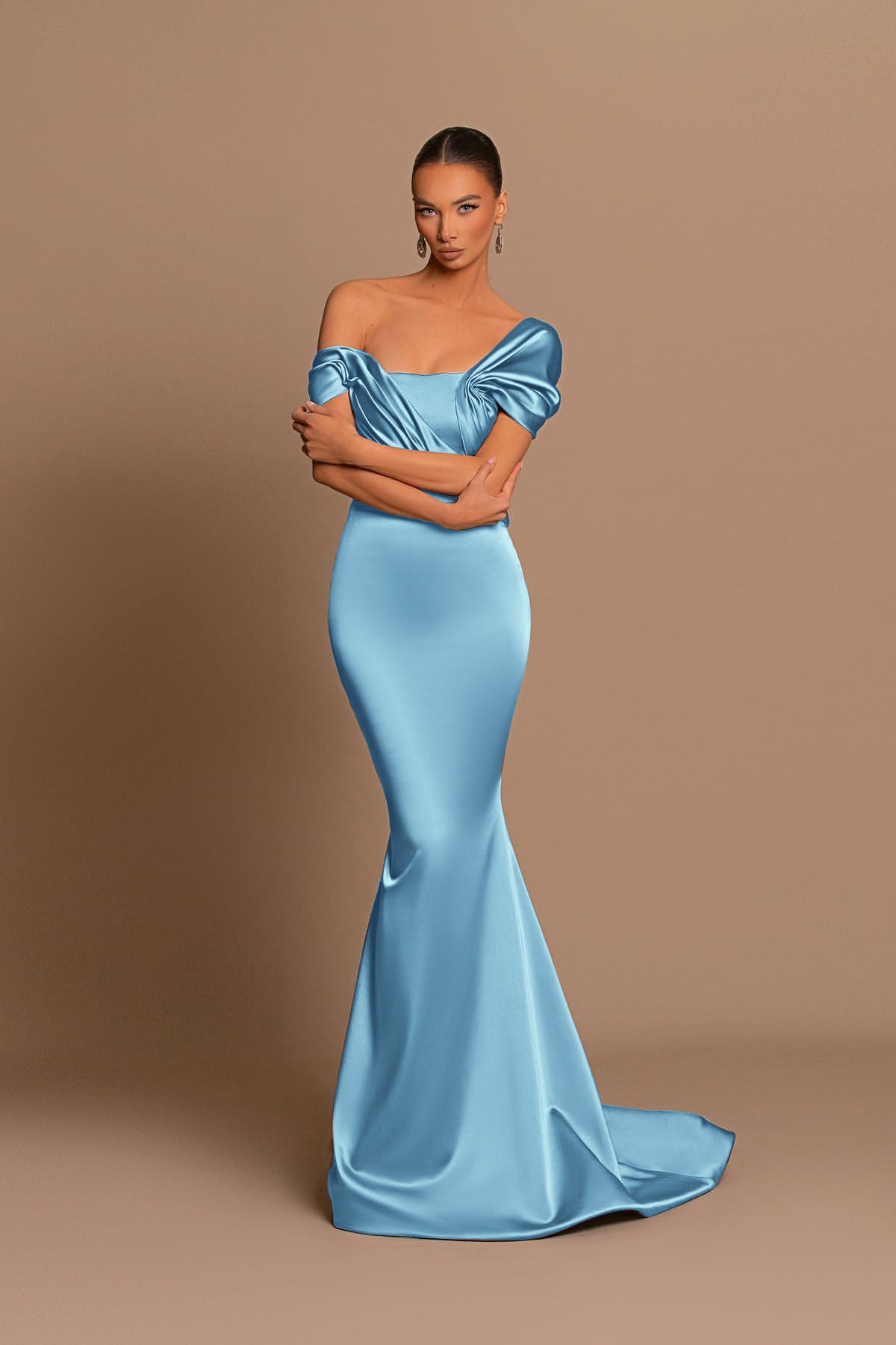 Glamorous Gray Off the Shoulder Mermaid Prom Dress With Pleated BMBRIDE