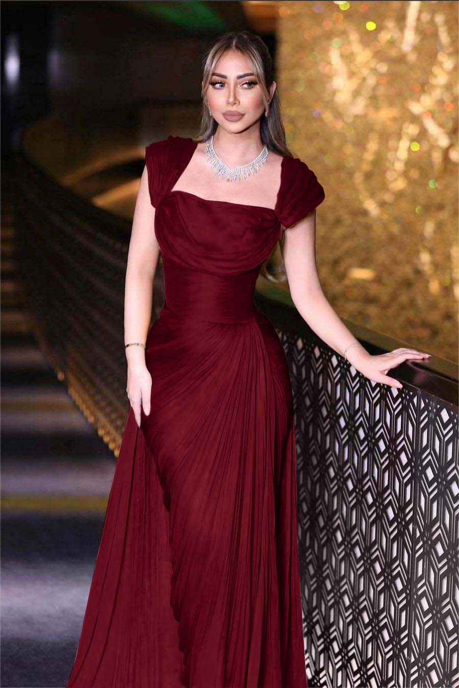 Daffodils Square Neck Sleeveless High Waist Long Pleated Prom Dress With Split BMBRIDE