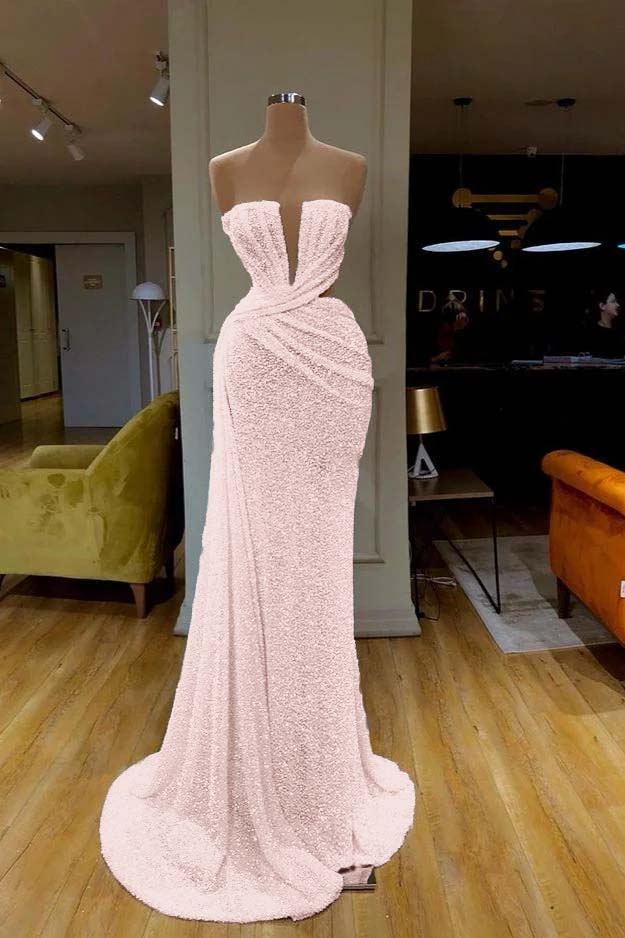 Sequins Sleeveless Gorgeous White Strapless Prom Dress With Pleated Online BMBRIDE