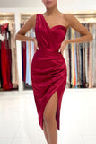 Burgundy One Shoulder Short Prom Dress BM bride