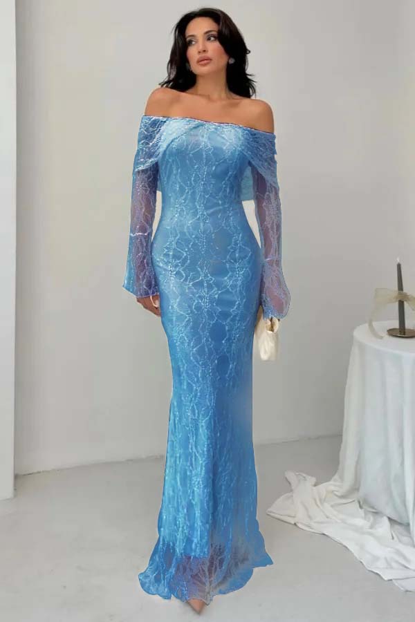 Off the Shoulder Long Sleeves Long Mermaid Prom Dress With Lace BMBRIDE