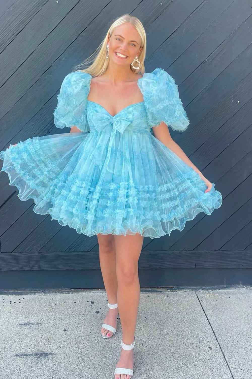 Ivory Puff Sleeves A-Line Floral Short Homecoming Dress with Ruffles Bmbride
