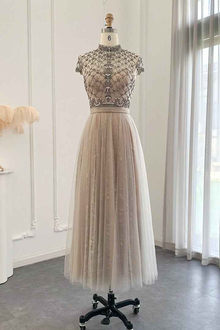 Champagne Jewel Neck Beading A Line Prom Dress Tulle Diamond Studded