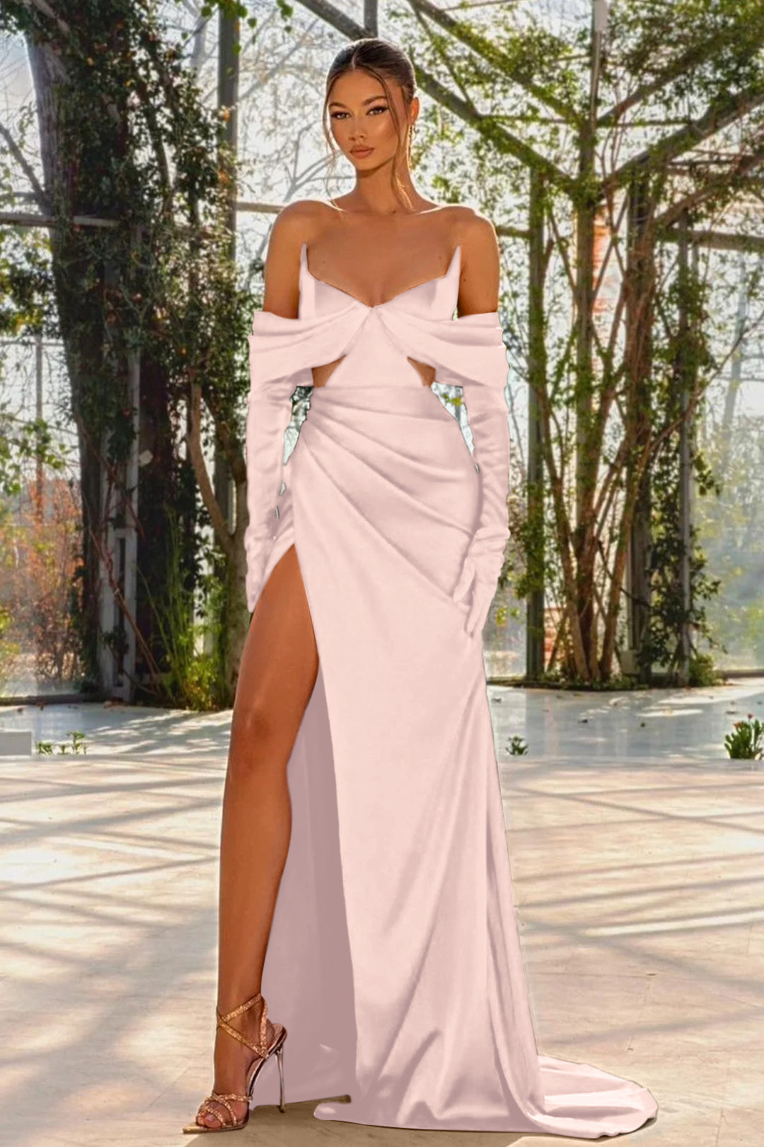 Off the Shoulder Prom Dress Red Half Sleeves With Slit Pleated Gloves BMBRIDE
