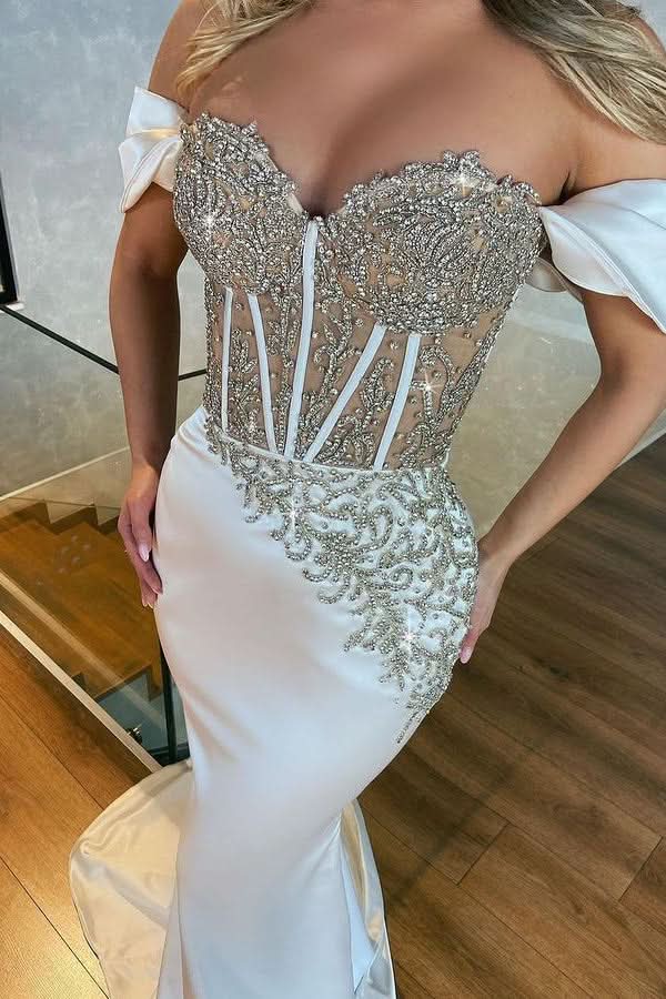 Beautiful White Off-The-Shoulder Appliques Long Mermaid Prom Dress BM bride