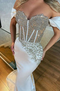 Beautiful White Off-The-Shoulder Appliques Long Mermaid Prom Dress BM bride