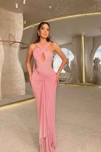 Halter Sequins Sleeveless Mermaid Long Prom Dress With Pleated