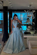Jewel Neck Backless Sleeveless A Line Long Prom Dress With Pleated