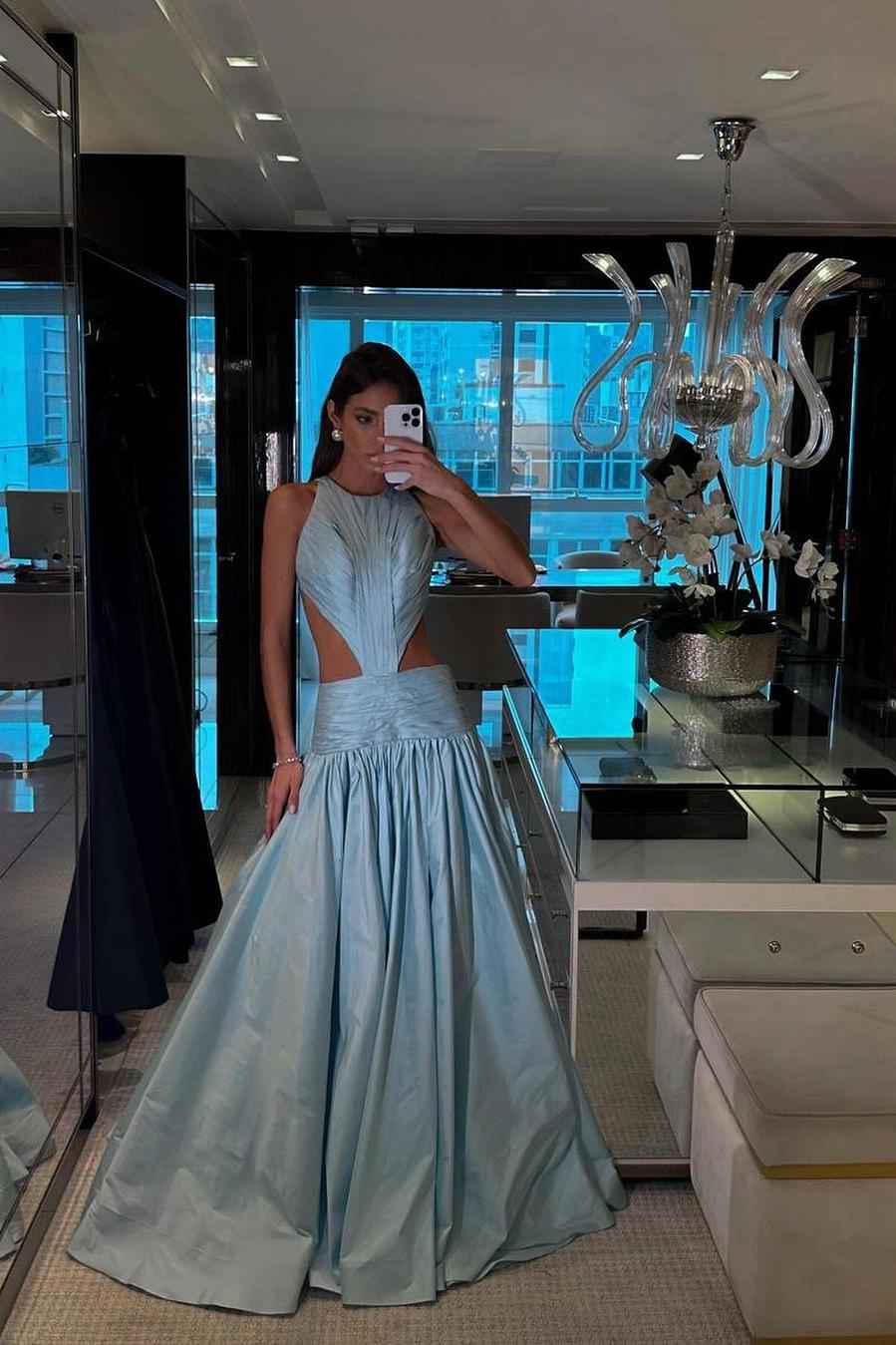 Jewel Neck Backless Sleeveless A Line Long Prom Dress With Pleated